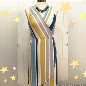 Wrap V Neck Dress Stripe Blue Cream & Mustard Yellow Sz LG NEW!
